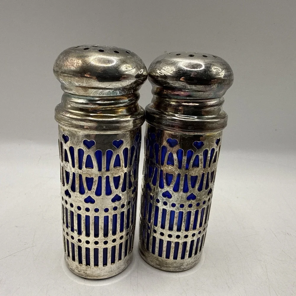 Vintage Cobalt Blue Glass Salt & Pepper Shaker Patent 1014132 Silver 3